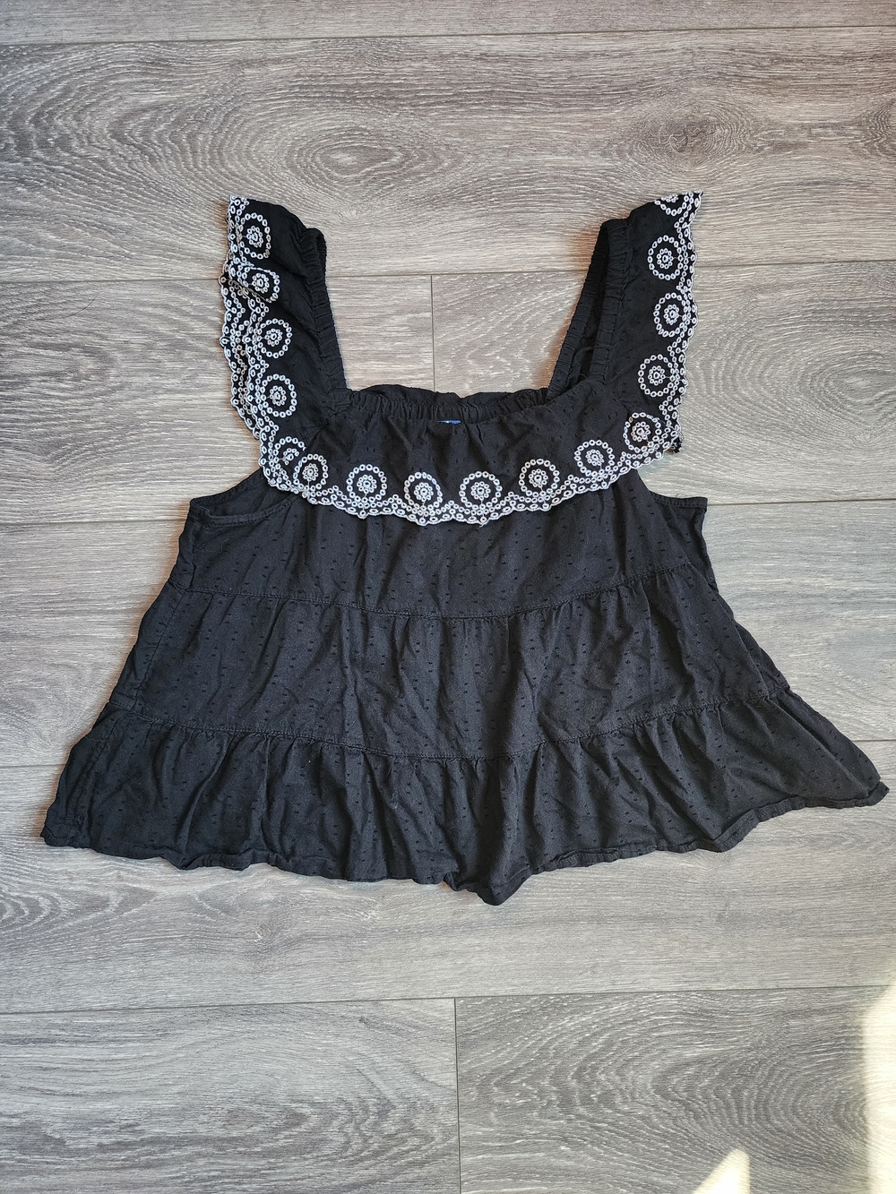 Black Embroidered Ruffle Tank Top Square Neck Off Shoulder - Small Boho Western